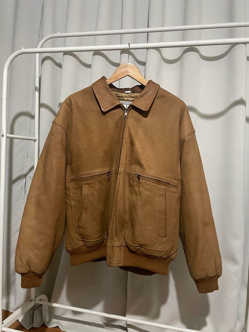 Vintage Pelle Uomo Brown Leather Jacket (Category: Coats, Jackets and Outerwear) located in Quezon City. Submitted by layssss (Listing ID 1430533562, Image 1). Description: Vintage Pelle Uomo Brown Leather Jacket Details: width - 26 inches length - 27 inches XL on tag carhartt leather alternative cleaned this in and out, ready to wear heavy and genuine leather sign if usage, stains diamond inner line stitch Price: loots - 2500 + sf Shipping fee w