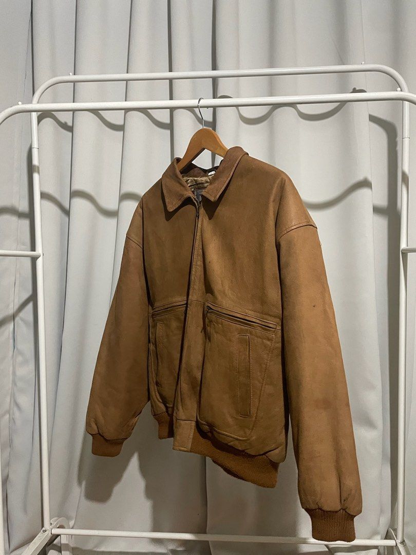 Vintage Pelle Uomo Brown Leather Jacket (Category: Coats, Jackets and Outerwear) located in Quezon City. Submitted by layssss (Listing ID 1430533562, Image 2). Description: Vintage Pelle Uomo Brown Leather Jacket Details: width - 26 inches length - 27 inches XL on tag carhartt leather alternative cleaned this in and out, ready to wear heavy and genuine leather sign if usage, stains diamond inner line stitch Price: loots - 2500 + sf Shipping fee w