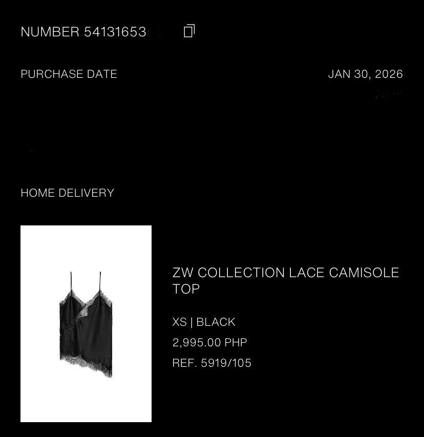 Zara Lace Camisole Top (Category: Sleeveless) located in Manila. Submitted by mdc.25 (Listing ID 1430571959, Image 2). Description: Zara black Lace camisole top Size: XS Only used ONCE DM if sure buyer What you see is what you get - Spaghetti straps - Fabric: Smooth, likely satin-like ⛔️ No Return/Exchange ✅ MODE OF PAYMENT GCASH BANK TRANSFER DM to purchase/photos/details/inquiries Thank you! .