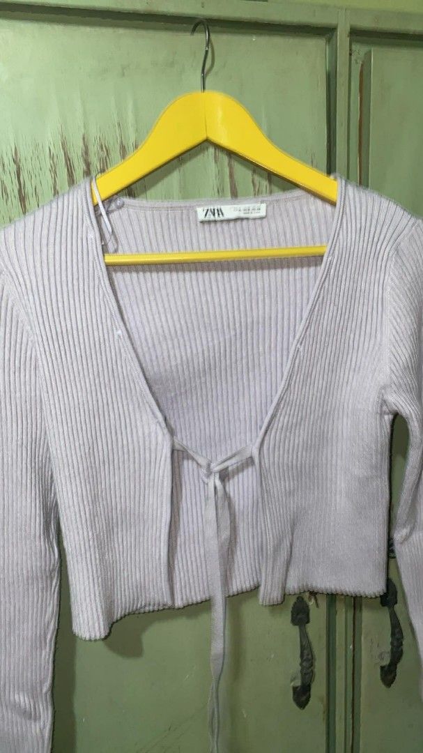 Zara Ribbed Tie-Front Cardigan (Category: Coats, Jackets and Outerwear) located in Dagupan City. Submitted by declutteredbyaj (Listing ID 1430576359, Image 2). Description: color: lilac mop: maribank only jnt.