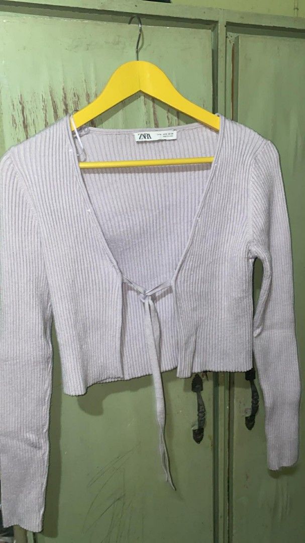 Zara Ribbed Tie-Front Cardigan (Category: Coats, Jackets and Outerwear) located in Dagupan City. Submitted by declutteredbyaj (Listing ID 1430576359, Image 1). Description: color: lilac mop: maribank only jnt.