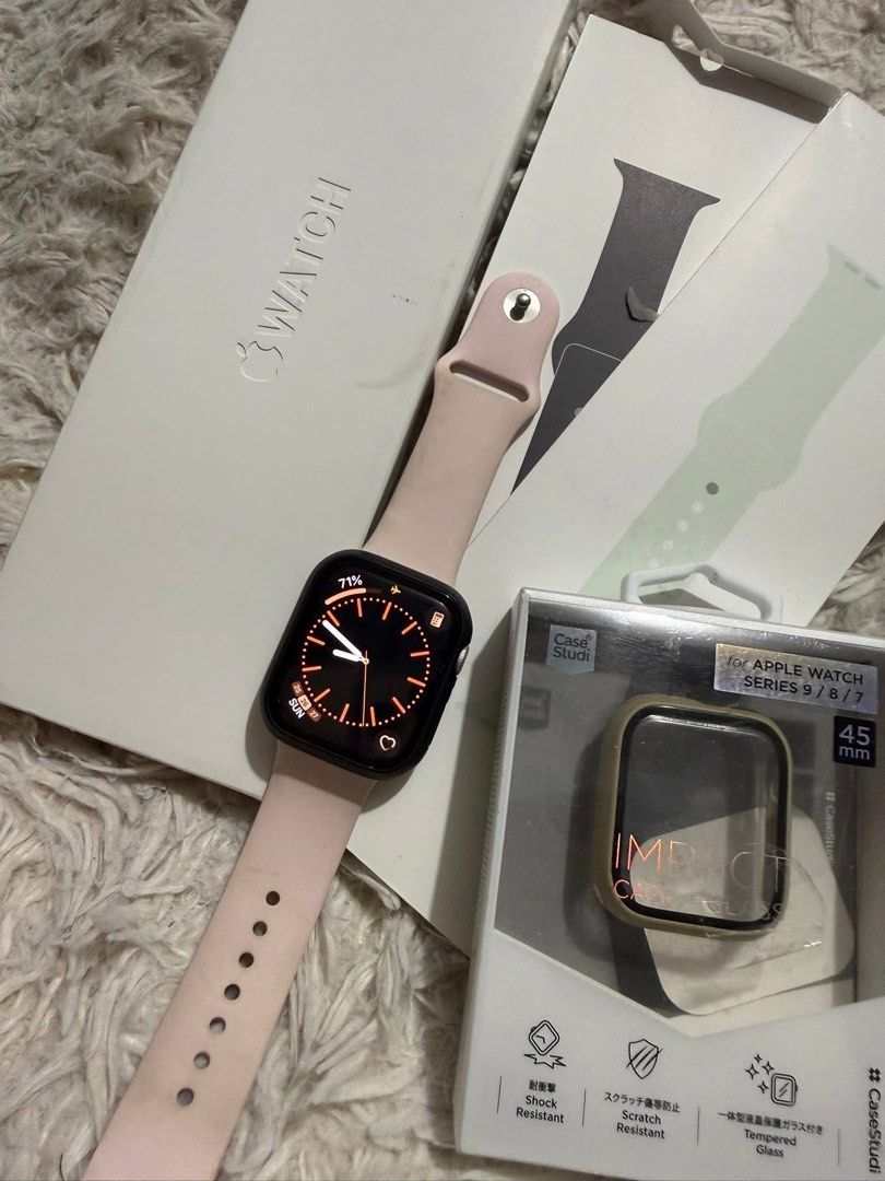 Apple Watch Series 9 GPS 45mm (Category: Wearables & Smart Watches) located in Manila. Submitted by tyang.06 (Listing ID 1430750893, Image 2). Description: Apple Watch Series 9 GPS 45mm - Pink Aluminium Originally bought from Power Mac w/ receipt Inclusions: With box 2pcs. Sport band (Stone Gray, Soft Mint) 2pcs. Impact Case (Black, green) .