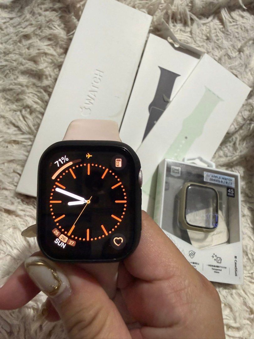 Apple Watch Series 9 GPS 45mm (Category: Wearables & Smart Watches) located in Manila. Submitted by tyang.06 (Listing ID 1430750893, Image 3). Description: Apple Watch Series 9 GPS 45mm - Pink Aluminium Originally bought from Power Mac w/ receipt Inclusions: With box 2pcs. Sport band (Stone Gray, Soft Mint) 2pcs. Impact Case (Black, green) .