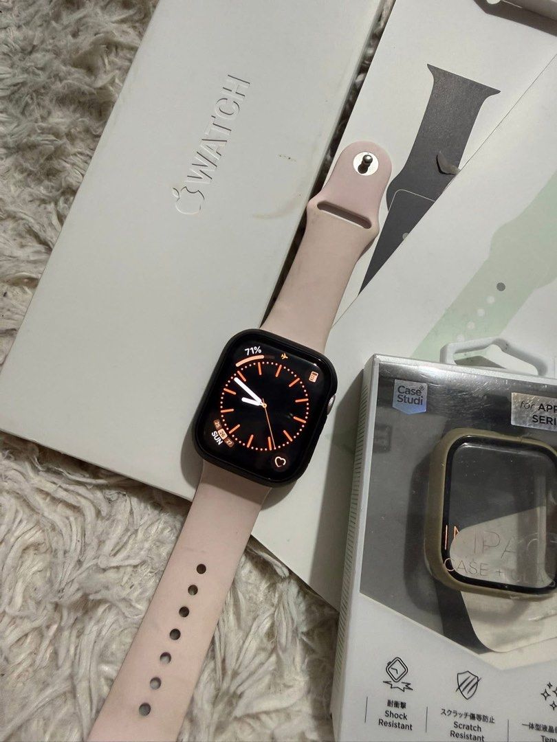 Apple Watch Series 9 GPS 45mm (Category: Wearables & Smart Watches) located in Manila. Submitted by tyang.06 (Listing ID 1430750893, Image 1). Description: Apple Watch Series 9 GPS 45mm - Pink Aluminium Originally bought from Power Mac w/ receipt Inclusions: With box 2pcs. Sport band (Stone Gray, Soft Mint) 2pcs. Impact Case (Black, green) .