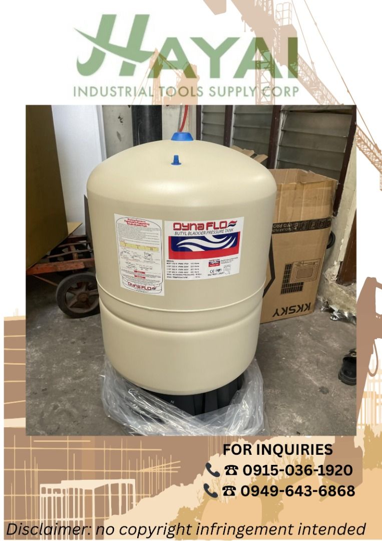 Dynaflo Bladder Tank Fixed Membrane (Category: Construction Tools & Equipment) located in Manila. Submitted by 09150361920ronvillaflor (Listing ID 1430613763, Image 1). Description: Dynaflo Bladder Tank Fixed Membrane Model: DF170V Specs: 170 Liters ₱21,800 "Welcome to Hayai Industrial tools supply corp." For inquiries 0-9-1-5-0-3-6-1-9-2-0 0-9-4-9-6-4-3-6-8-6-8 PRICE MAY CHANGE WITHOUT PRIOR NOTICE..