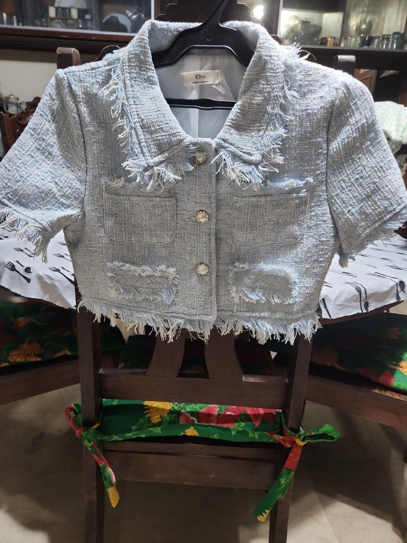 Ehp Studio Tweed Top and Skirt (Category: Coats, Jackets and Outerwear) located in Makati City. Submitted by fairytale8888 (Listing ID 1430728119, Image 1). Description: Light blue tweed jacket from Ehp Studio. Features a frayed hem and two front pockets. The jacket has two gold-colored buttons and a light blue lining. The label is visible inside the jacket..