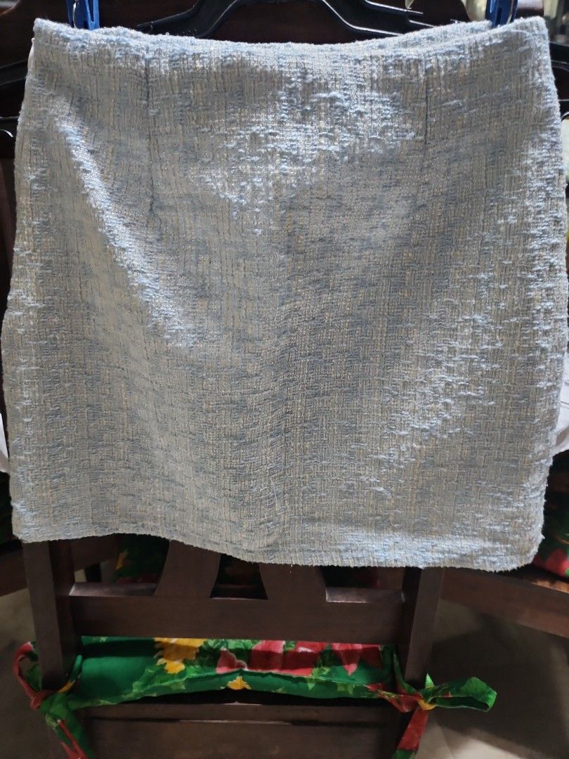 Ehp Studio Tweed Top and Skirt (Category: Coats, Jackets and Outerwear) located in Makati City. Submitted by fairytale8888 (Listing ID 1430728119, Image 3). Description: Light blue tweed jacket from Ehp Studio. Features a frayed hem and two front pockets. The jacket has two gold-colored buttons and a light blue lining. The label is visible inside the jacket..