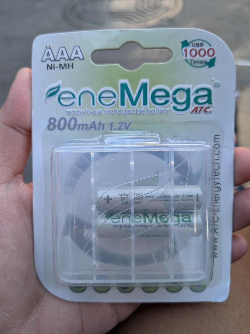 eneMega AAA Rechargeable Batteries 800mAh (Category: Batteries & Chargers) located in Manila. Submitted by cj080492 (Listing ID 1430680889, Image 1). Description: Batteries can be recharged up to 1000 times Batteries do not need to be empty before charging. The ATC NiMH 1.2 V battery replaces the standard 1.5 V battery. All ATC nickel-metal hydride (NiMH) batteries are environmentally friendly. After 6 months, 90% of the original energy remains. 