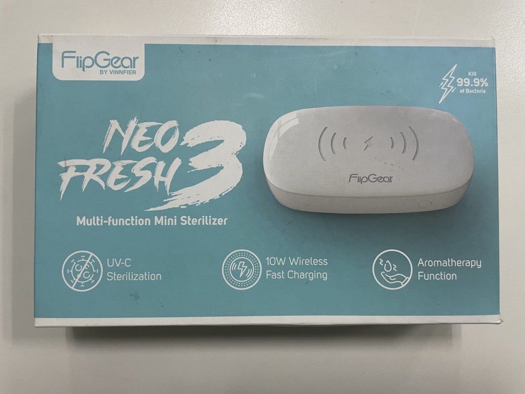 FlipGear Neo Fresh 3 Mini Sterilizer by Vinnfier (Category: Cleaning Tools & Supplies) located in Marikina City. Submitted by declutter_2026 (Listing ID 1430690130, Image 1). Description: It’s a multi-function UV-C sterilizer box designed to disinfect small everyday items like: Phones 📱 Earbuds 🎧 Keys 🔑 Masks 😷 Key features: UV-C sterilization (kills bacteria using ultraviolet light) 10W wireless charging (you can place your phone on top to c