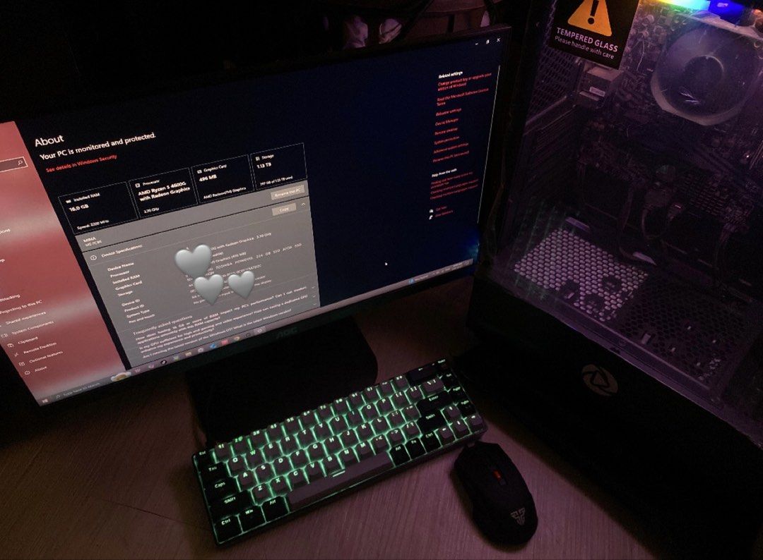 Gaming PC with AMD Ryzen 5 4600G (Category: Desktops) located in Manila. Submitted by liuwe01873 (Listing ID 1430602895, Image 1). Description: Complete Ryzen 5 set AMD Ryzen 5 4600G with Radeon Graphics 3.70 GHz RAM 16.0 GB AMD Radeon(T) Graphics Storage: 1.13TB Mechanical Keyboard Mouse Speaker Also Including my valo account to the sale (pm for account info) - last rank (ascendant) - reaver bundle 2.0 - VCT Knife - Celestial Fan (and more) slig