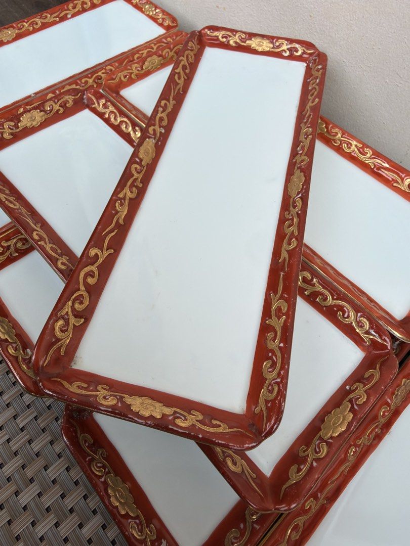Japan Rectangular Sushi Plates with Gold Trim (Category: Dinnerware & Cutlery) located in Bulacan. Submitted by fancy.surplusera (Listing ID 1430633549, Image 2). Description: Unbranded but so nice to have. - Rectangular sushi plates - Features a white surface - Red and gold trim design - Perfect for sushi and appetizers Condition: 9/10 Size: 24cm x 9cm Price sold per piece.