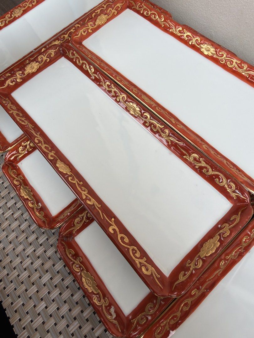 Japan Rectangular Sushi Plates with Gold Trim (Category: Dinnerware & Cutlery) located in Bulacan. Submitted by fancy.surplusera (Listing ID 1430633549, Image 3). Description: Unbranded but so nice to have. - Rectangular sushi plates - Features a white surface - Red and gold trim design - Perfect for sushi and appetizers Condition: 9/10 Size: 24cm x 9cm Price sold per piece.