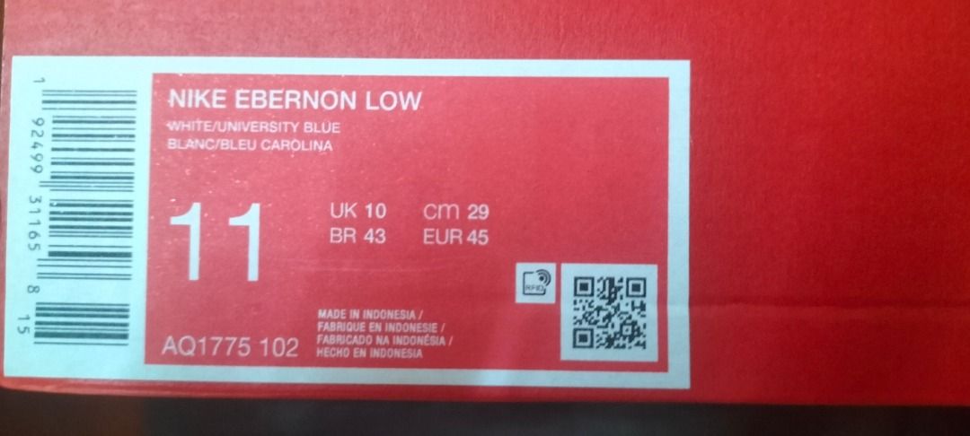 Nike Ebernon Low + Free Gift (Category: Sneakers) located in Petaling Jaya. Submitted by ernestchin (Listing ID 1408190013, Image 2). Description: Free gift: https://carousell.app.link/1fYbAmjBV6b NP: RM 295 Nike Ebernon Low - Easy to break in - Padded, low-cut collar looks sleek and feels great - Perfect for sports and everyday use - White upper with blue accents - Blue Nike swoosh - Size: US 11, UK 10, EUR 45 - Includes original box *Free Deliv