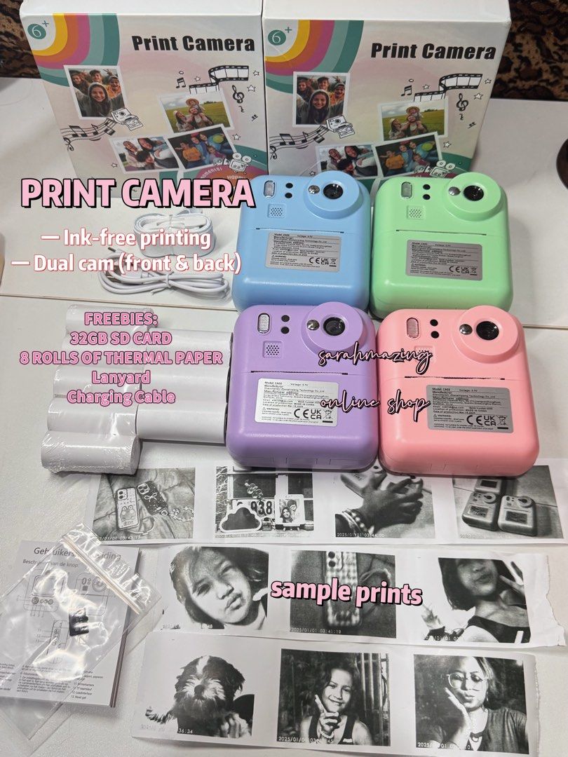 Print Camera - Dual Cam (Category: Cameras) located in Cabuyao City. Submitted by sarahmazingonlineshop (Listing ID 1430752963, Image 3). Description: - Instant print camera in multiple colors - Ink-free printing - Dual camera (front and back) - Includes: - 32GB SD card - 8 rolls of thermal paper - Lanyard - Charging cable - Sample prints - Perfect for instant photos!.
