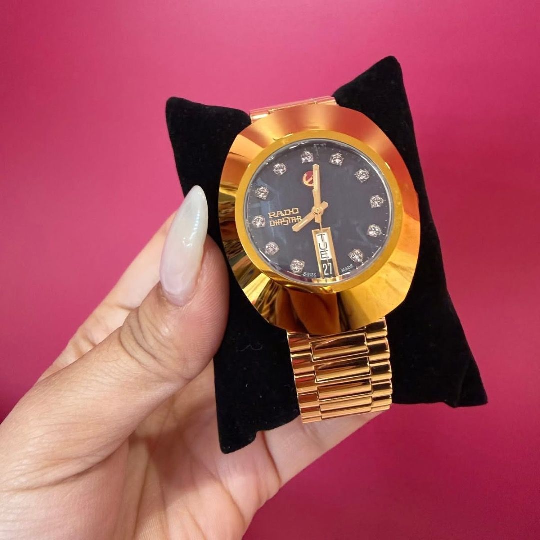 Rado Diastar Original Black (Category: Luxury Watches) located in Caloocan City. Submitted by hardaway.854 (Listing ID 1424381078, Image 2). Description: Details: Gold Strap Automatic Movement 35.5mm Case Diameter 6'0 Day Date Calendar Deployant Clasp Strap 9/10 Good condition, All working, with minimal signs of wear only Guaranteed authentic SRP / Mall Price:75,000-85,000 php Set with: Presentation box Original Card Transactions thru: Meet-up Pe
