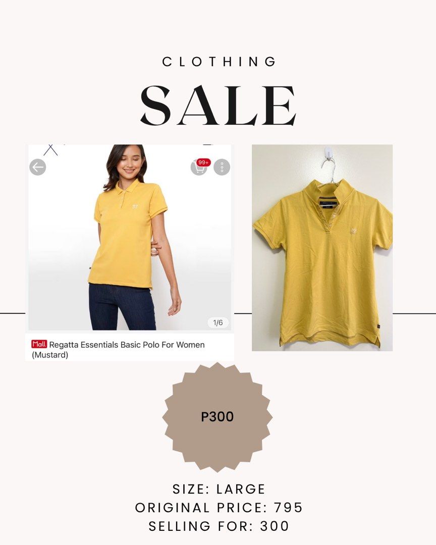 Regatta Essentials Basic Polo For Women - Mustard (Category: Shirts) located in Quezon City. Submitted by maydaze29 (Listing ID 1430663916, Image 1). Description: Location: Quezon City Shipping c/o buyer. Please manage your expectations..