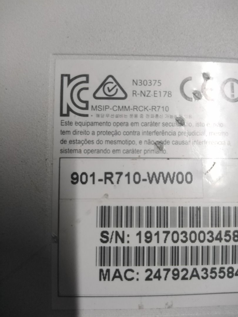 Ruckus R710 Access Point (Category: Office & Business Technology) located in Manila. Submitted by maybonifacio (Listing ID 1430697414, Image 3). Description: Ruckus R710 Access Point. Model number is R710. Default IP address is 192.168.0.1. User name is super and password is sp-admin. Made in Malaysia. The serial number is 191703003458 and the MAC address is 24792A355840. The device has a white exterior..