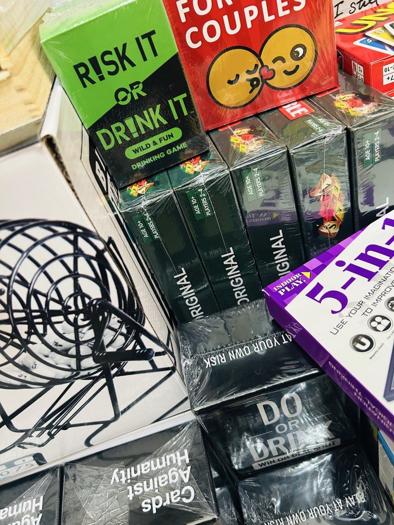 Scrabble, Risk It or Drink It, Uno, and More (Category: Board Games & Puzzles) located in Quezon City. Submitted by playboxph (Listing ID 1430794631, Image 3). Description: Assorted board games available. Includes Scrabble Original, Risk It or Drink It, Uno, and other card and board games. Some games are designed for couples or groups. Perfect for game nights and gatherings. All games appear to be sealed and ready to play..