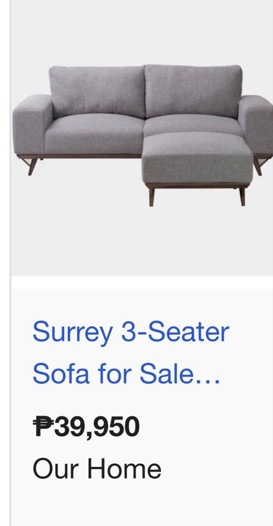 Surrey 3-Seater Sofa (Category: Sofas) located in Pasig City. Submitted by bubu8282 (Listing ID 1430599313, Image 1). Description: Our home 3 seater sofa and ottoman Used for 4 years Some stains on fabric cover.