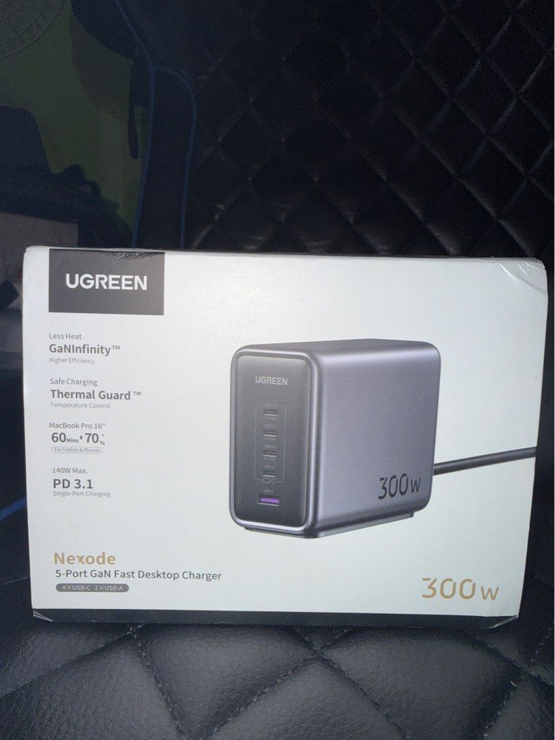 UGREEN 300W GaN Fast Charger (Category: Chargers) located in Valenzuela. Submitted by firstvalb (Listing ID 1430688089, Image 1). Description: Brand new and sealed Original KEY FEATURES •300W 5 -in-1 Charger: UGREEN Nexode total 300W USB C charger has super strong power to fast charge your laptops, phones, tablets, and other devices just with this one charger. With 4 USB-C ports and 1 USB-A port, Meeting the charging needs of multiple devices •3 