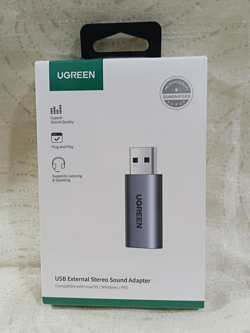 UGREEN USB External Stereo Sound Adapter 🎧🔊 (Category: Portable Audio Accessories) located in Manila. Submitted by cutiecie (Listing ID 1430599388, Image 1). Description: Upgrade your audio instantly with the UGREEN USB External Stereo Sound Adapter 🎧🔊 ✔ Plug & Play – no drivers needed ✔ Crystal-clear sound quality for music, calls & gaming ✔ Supports headphone & microphone (listening + speaking) ✔ Wide compatibility: PC, laptop, Mac, PS5 ✔ C