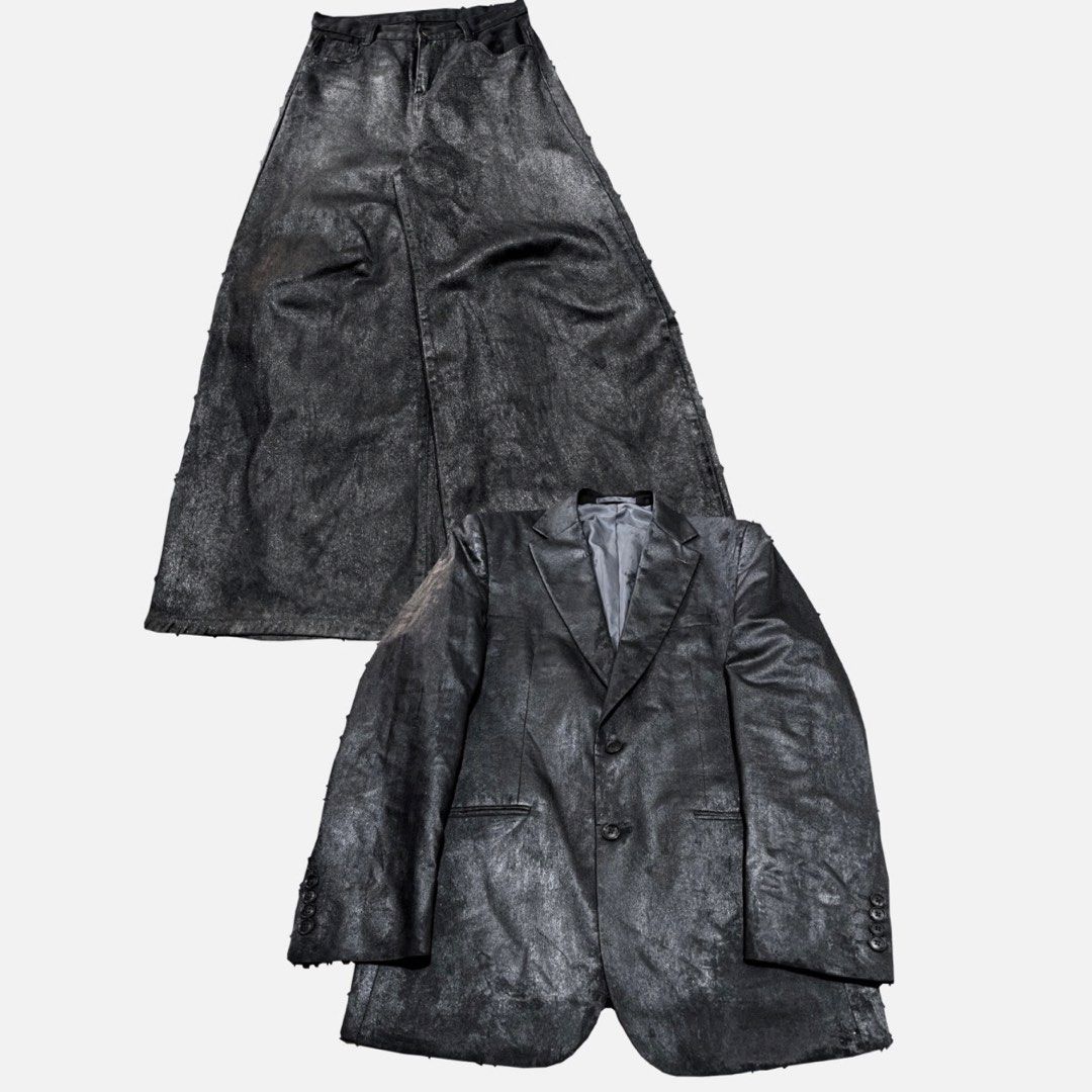 Varnished Waxed Pants and Blazer (Category: Coats, Jackets and Outerwear) located in Cabuyao City. Submitted by lackingly (Listing ID 1430731185, Image 1). Description: Varnished Waxed Pants and Blazer when worn on last slides or check my ig shop for when worn @disemberment Pants (₱2,700 + shipping) Negotiable Blazer (₱2500+ shipping ) Negotiable aspack (₱4,800 shipped) Negotiable or drop offers will accept offer if valid you can lowball measurem