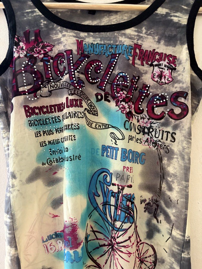 Vintage Bicycle Print Tank Top (Category: Sleeveless) located in Cavite. Submitted by r1zzh (Listing ID 1430733739, Image 2). Description: Small to Medium Sheer Fabric Like New Less ₱100 if you buy 3 or more from me!.