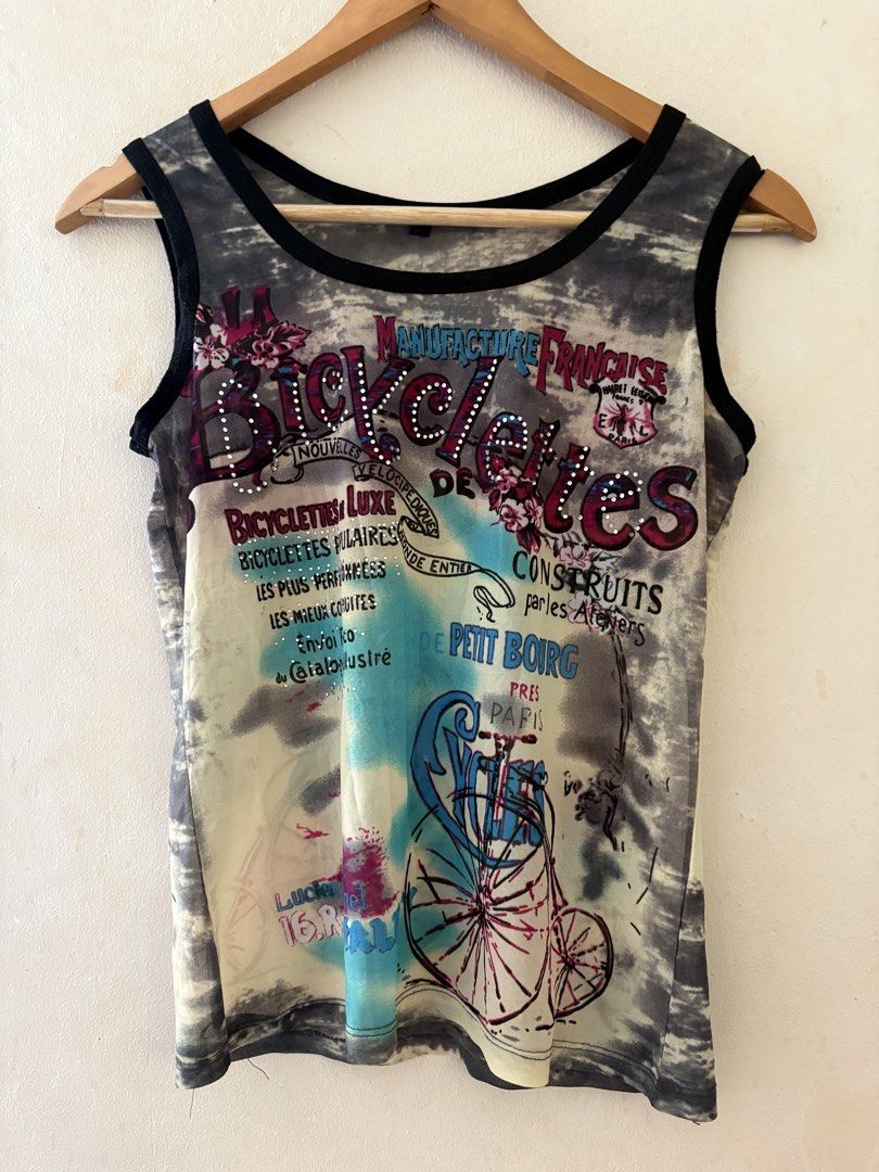 Vintage Bicycle Print Tank Top (Category: Sleeveless) located in Cavite. Submitted by r1zzh (Listing ID 1430733739, Image 1). Description: Small to Medium Sheer Fabric Like New Less ₱100 if you buy 3 or more from me!.