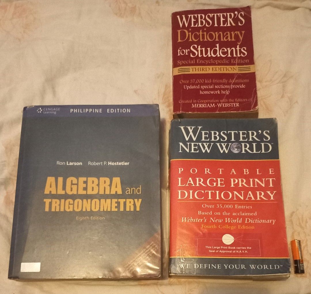 Webster's Dictionaries (Category: Textbooks) located in Imus. Submitted by mj.trinidad (Listing ID 1430788206, Image 2). Description: Webster's Dictionary for Students (Third Edition) - Sold Webster's New World Portable Large Print Dictionary - Php 300 Algebra and Trigonometry (Philippine Edition) - Sold Can bought individually or for Php 400 as a bundle. Perfect for school or personal use. Imus, Cavite area. Meet up sa Jade Residences 7/11..