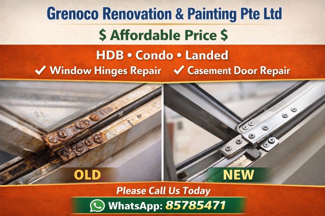 Window hinges (Category: Handyman and Drilling Services) located in Singapore. Submitted by grenoco_renovation (Listing ID 1430655151, Image 1). Description: 💰 Affordable Price 🔧 HDB • Condo • Landed We provide professional window hinges repair and casement door repair services. Fix your loose, rusty, or damaged hinges and make your windows work like new again. ✔ Strong & durable replacement ✔ Smooth opening & closing ✔ Fast and reliable servic