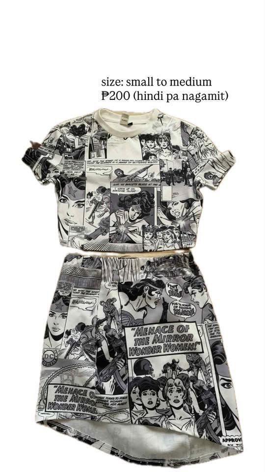 Wonder Woman Comic Print Two-Piece Set (Category: Bikinis & Swimsuits) located in Quezon, Nueva Vizcaya. Submitted by _shey.03 (Listing ID 1430761373, Image 1). Description: - Brand new Wonder Woman two-piece set. - Includes a crop top and skirt. - Features a comic print. - Size: Small to Medium. - Condition: Unused..