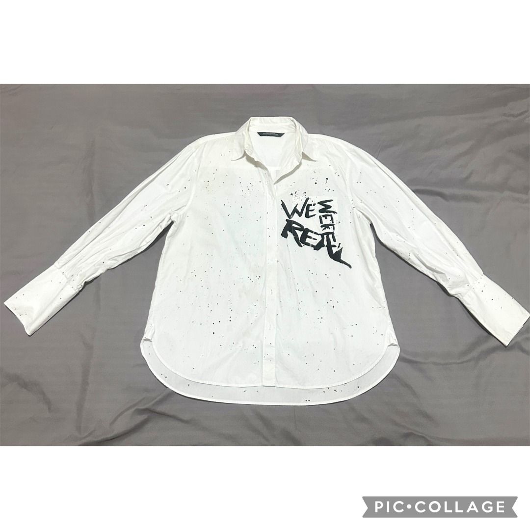 100%AUTH ZARA STATEMENT BACK PRINT OVERSIZE POPLIN WHITE SHIRT (Category: Shirts) located in Makati City. Submitted by meandmyluxury (Listing ID 1430974202, Image 3). Description: 100%AUTH ZARA PAINT SPLATTER GRAFITTI BACK PRINT POPLIN WHITE SHIRT - Classic, chic & versatile! Perfect to wear with just about anything! This can easily be styled to go for a casual day at the mall or as a bikini coverup. Perfect also as an overshirt - Bold statement 