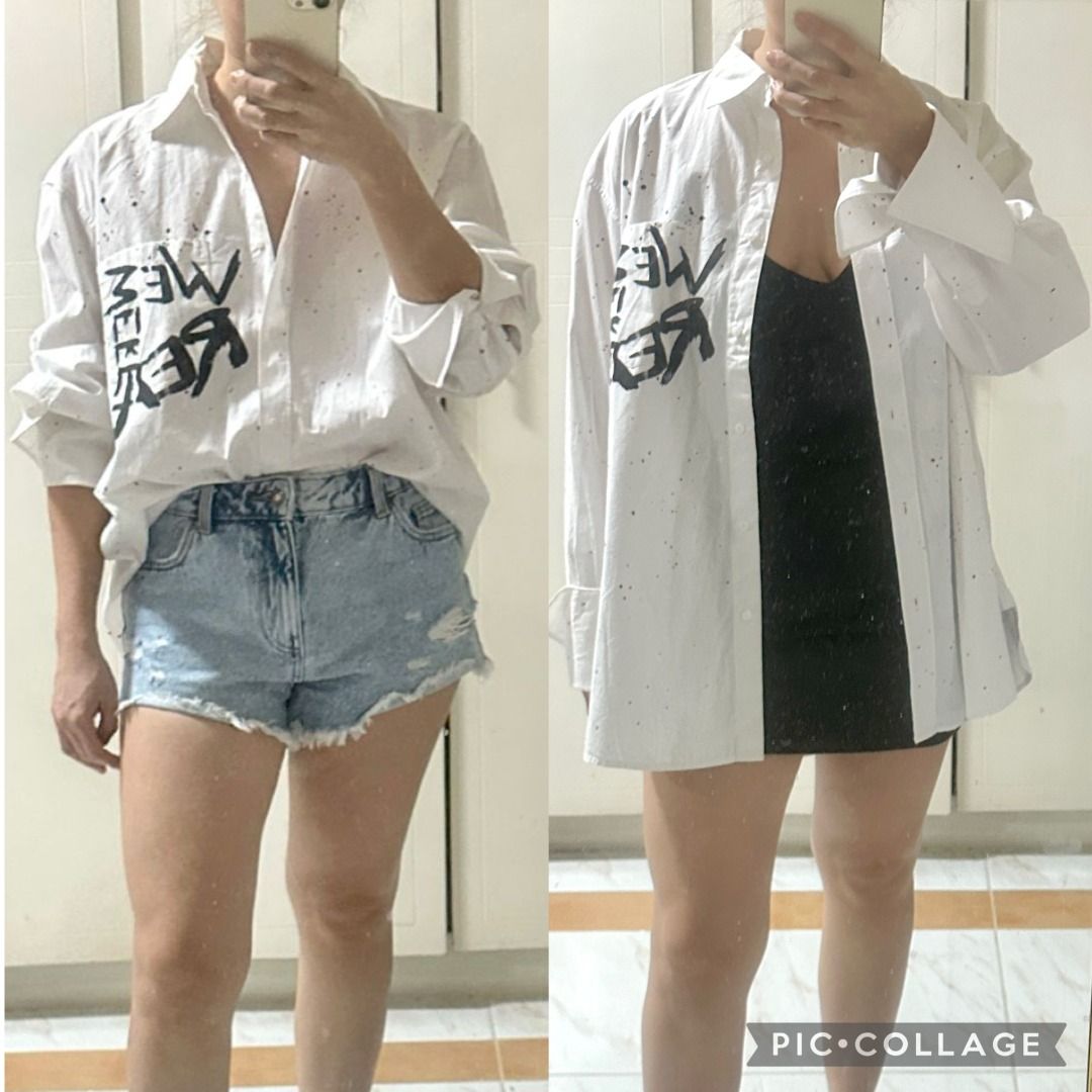 100%AUTH ZARA STATEMENT BACK PRINT OVERSIZE POPLIN WHITE SHIRT (Category: Shirts) located in Makati City. Submitted by meandmyluxury (Listing ID 1430974202, Image 2). Description: 100%AUTH ZARA PAINT SPLATTER GRAFITTI BACK PRINT POPLIN WHITE SHIRT - Classic, chic & versatile! Perfect to wear with just about anything! This can easily be styled to go for a casual day at the mall or as a bikini coverup. Perfect also as an overshirt - Bold statement 
