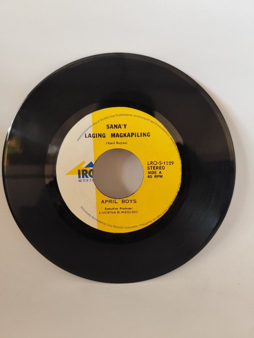 April Boys Vinyl Record (Category: Vinyls) located in Davao. Submitted by pasio (Listing ID 1430868316, Image 2). Description: April Boys vinyl record featuring the songs "Muli Mong Mahalin" and "Sana'y Laging Magkapiling". The record is a 45 RPM stereo. Produced by Lucena B. Resino. The label is IRC Music..