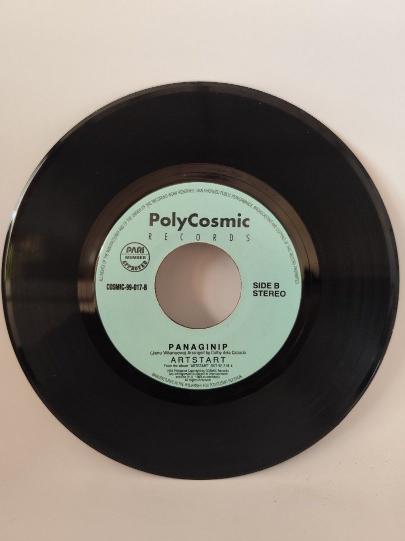 Artstart Panaginip Vinyl Record (Category: Vinyls) located in Davao. Submitted by pasio (Listing ID 1430873564, Image 1). Description: Vinyl record by Artstart featuring the song "Panaginip". The record is a 7-inch single. Side A and Side B are visible in the images. The record is from PolyCosmic Records..
