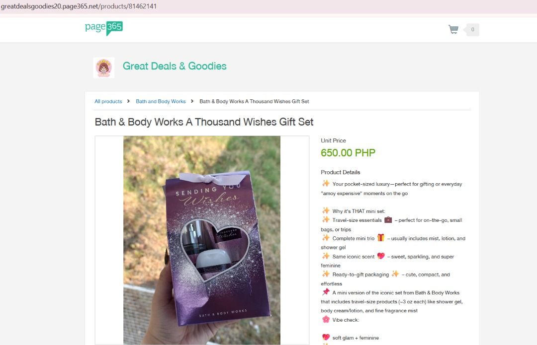 Bath & Body Works A Thousand Wishes Gift Set (Category: Body Care) located in Rizal. Submitted by pinklemonade_ (Listing ID 1430857288, Image 2). Description: 100% original Money back guarantee if proven fake Most of the products I'm selling I bought from US. If interested please place an order on our websites https://greatdealsgoodies20.page365.net/ .