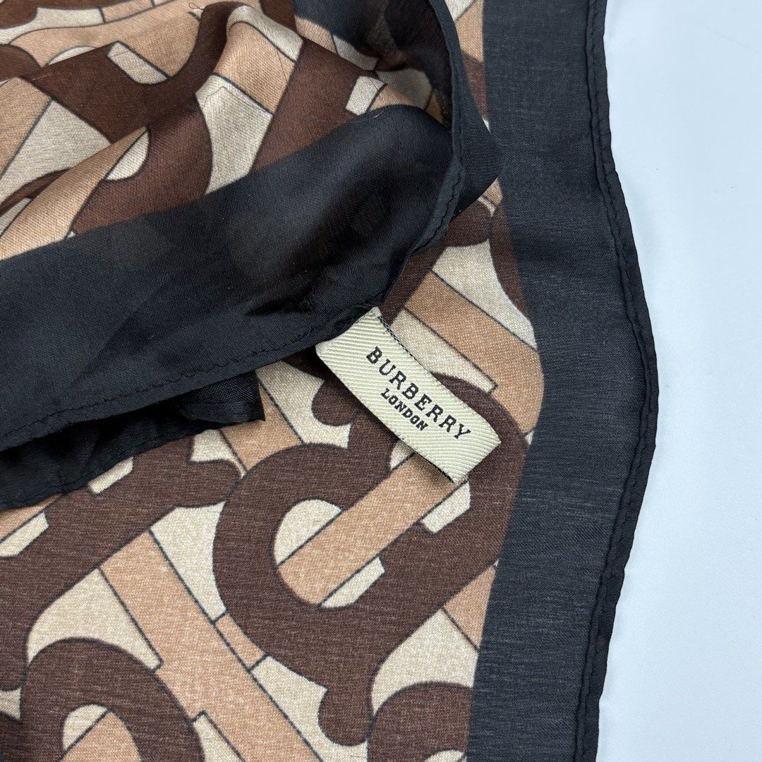 Burberry Monogram Silk Scarf (Category: Luxury Accessories) located in Bacolod City. Submitted by cast.archives (Listing ID 1430952701, Image 3). Description: Burberry Monogram Silk Scarf Size: Large Condition: Excellent Flaw: None Measurements: Width: 35" Length: 72".