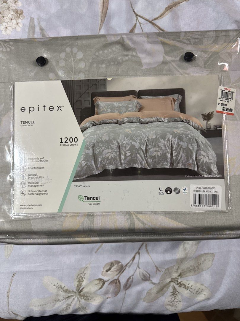 Epitex Tencel Printed Allura King Bed Set (Category: Bedding & Towels) located in Singapore. Submitted by dreaming_daisy (Listing ID 1430908415, Image 1). Description: Epitex Tencel Printed Bed Set - King size 1200 Threadcount Bought for $299. Never used..
