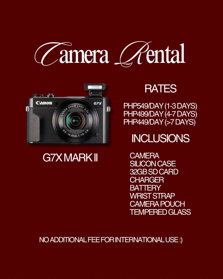FOR RENT: Canon G7X Mark II (Category: Cameras) located in Pasig City. Submitted by deeekei (Listing ID 1430835956, Image 1). Description: looking for a camera for your next trip? rent our canon g7x mark ii at @bighani.cam! 💌 send us a message to book a slot :) 📍 antipolo/pasig.