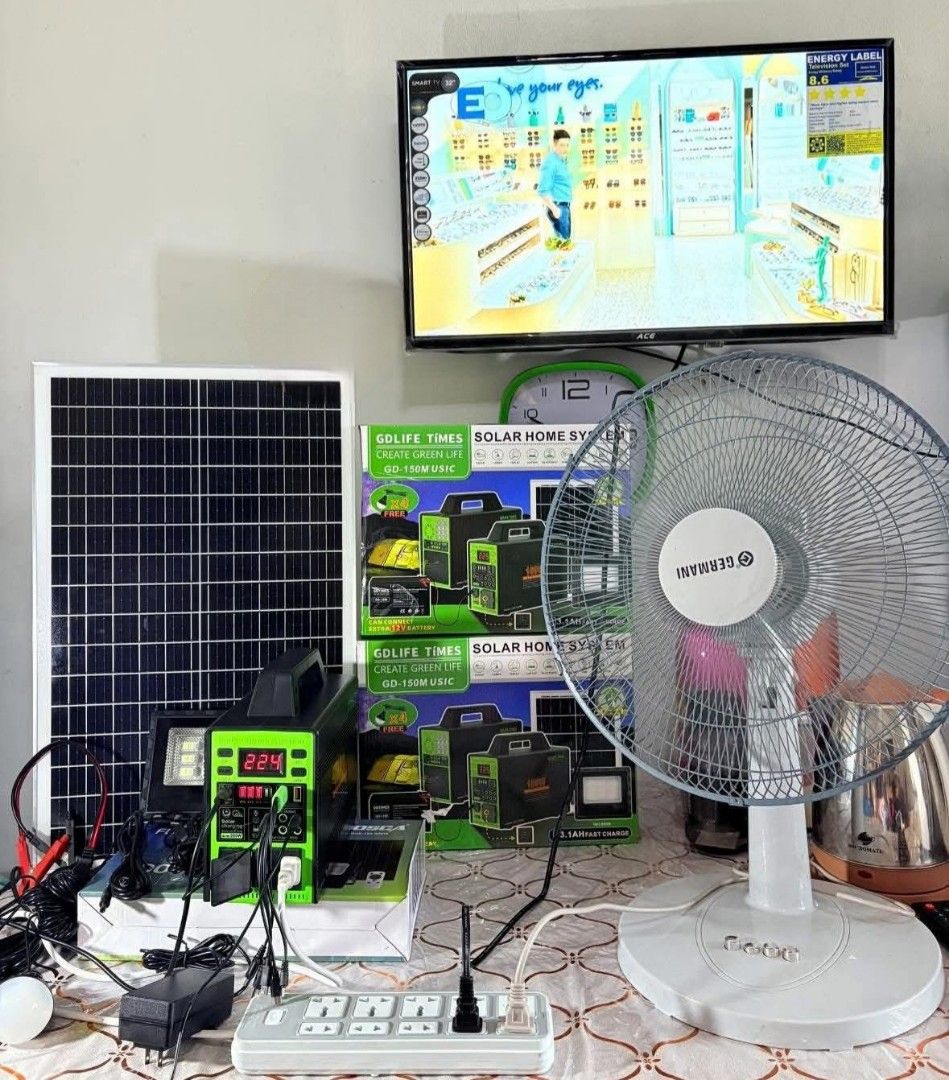 GOLIFE TIMES GD-150M Solar Home System (Category: Soundbars, Speakers & Amplifiers) located in Manila. Submitted by noel_o (Listing ID 1430837699, Image 2). Description: GOLIFE TIMES Solar Home System includes a solar panel, a power station with multiple output ports, and LED lights. It features a digital display, USB charging, and an FM radio with MP3 player. The system is designed for creating green energy and can power various devices. It also