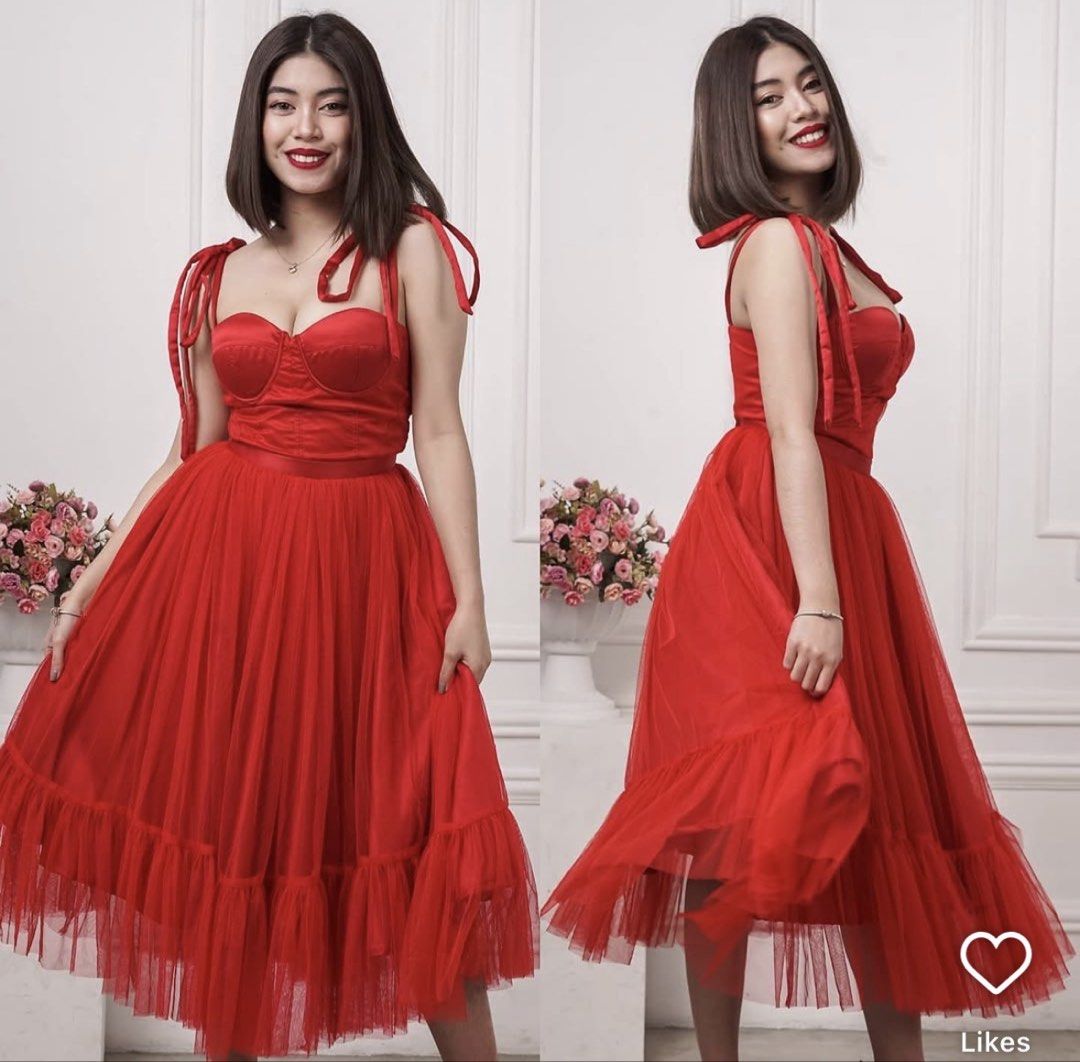 RENT: Heather Clothing Red Dress (Category: Evening dresses & gowns) located in Valenzuela. Submitted by tybur (Listing ID 1430901677, Image 1). Description: - Brand: Heather Clothing - Size: M - Design: Bustier-style top with tie straps and a tulle skirt - Perfect for special occasions - DRESS IS FOR RENT! FOR 3 DAYS (shipping is shouldered by the customer) - With security deposit (refundable) 💌 Message for dress rental guidelines 📍Valenzuela 