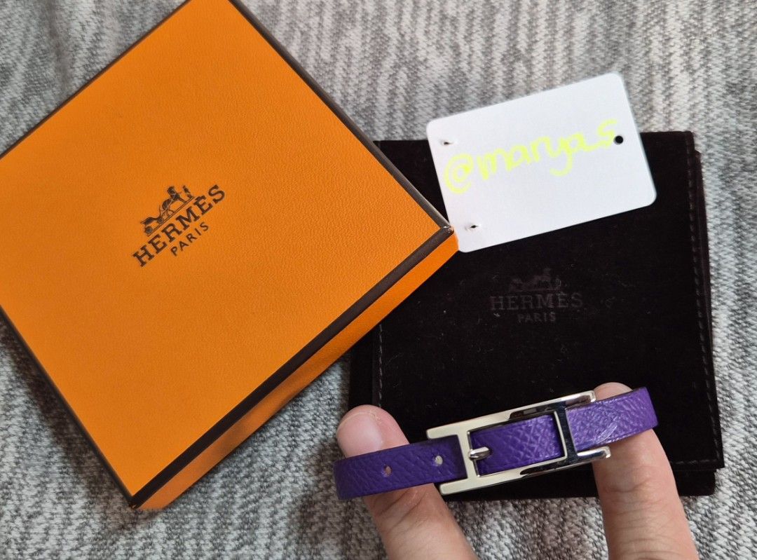 Hermes Behapi Leather Bracelet (Category: Luxury Accessories) located in Quezon City. Submitted by marya_s (Listing ID 1430872173, Image 1). Description: comes with box and dustbag FEATURES : Material : Leather Color : Purple To note : purple Epsom leather size XS Wrist circumference : 14-16.5 cm Weight (gr) : 5.2.