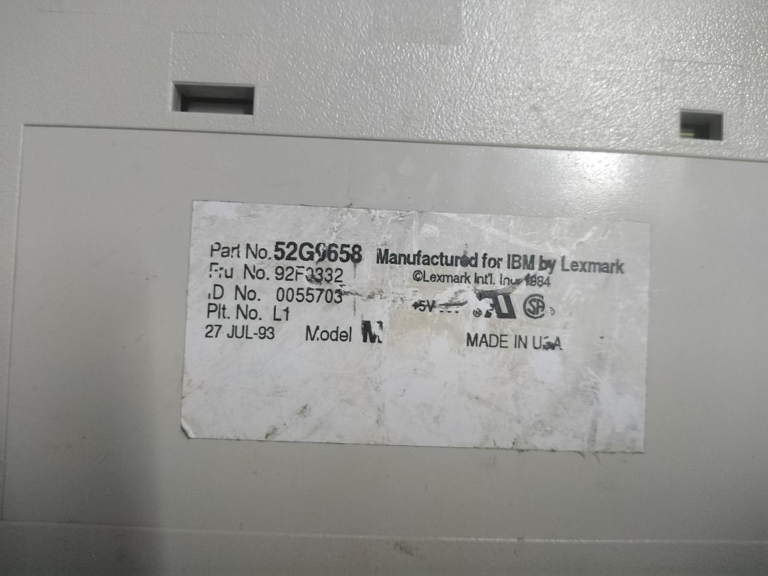 IBM Lexmark Mechanical Keyboard (Category: Computer Keyboard) located in Manila. Submitted by maybonifacio (Listing ID 1430692375, Image 3). Description: Vintage IBM Lexmark mechanical keyboard. Features a full-size layout with a numeric keypad. Manufactured by Lexmark. Part number 52G9658. Made in USA. Production date of July 27, 1993. Includes the IBM logo on the top left corner. The keycaps are a light beige color. AS IS .