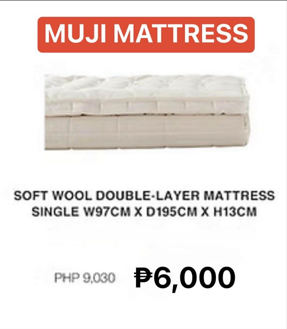 Muji Soft Wool Double-Layer Mattress (Category: Bed Frames & Mattresses) located in Mandaluyong City. Submitted by KenP07 (Listing ID 1430925542, Image 1). Description: Muji Double layer matress Recently bought, like new! RFS: Di ginamit since decided to buy queen size instead. ₱6,000 PICKUP: SMDC LIGHT Residences Mandaluyong City .