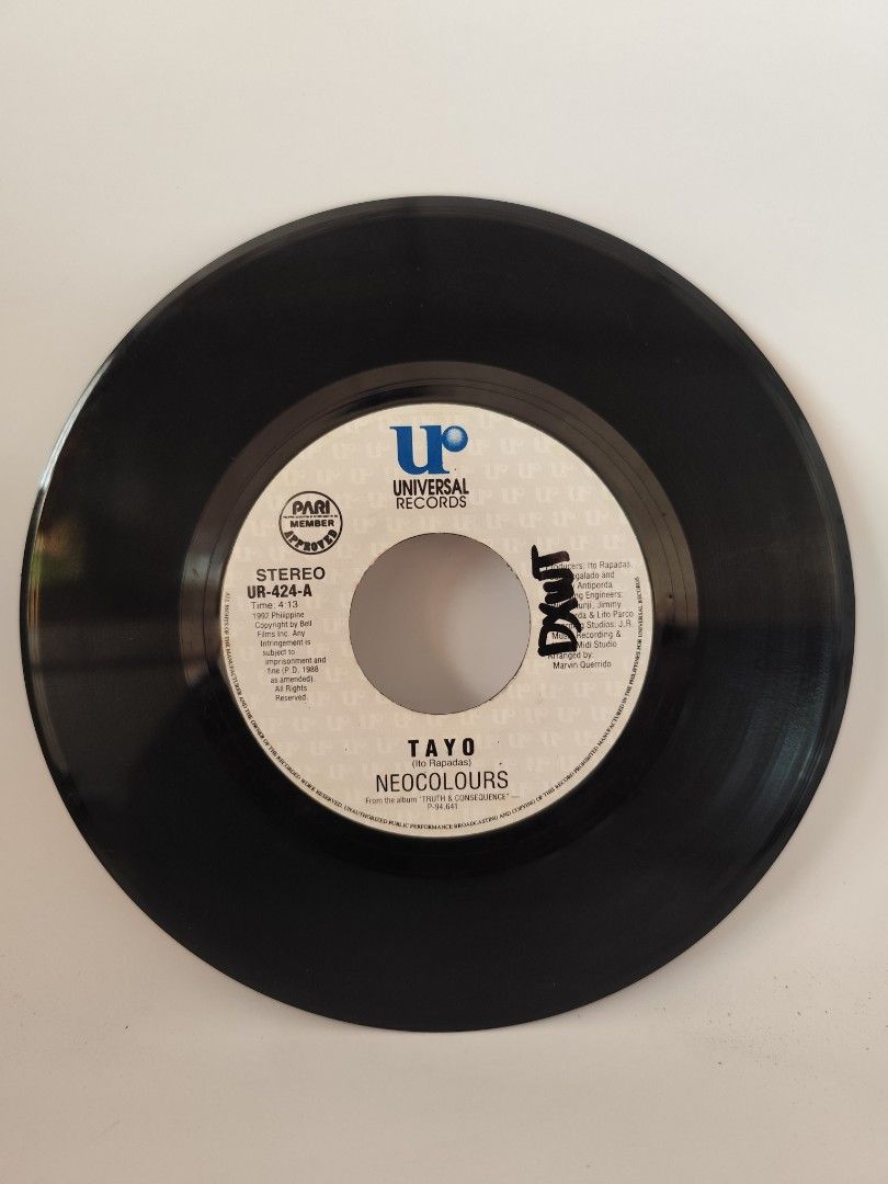 Neocolours - Tayo Vinyl Record (Category: Vinyls) located in Davao. Submitted by pasio (Listing ID 1430874059, Image 1). Description: Original vinyl record of Neocolours' song "Tayo". Features the Universal Records logo. The record is a 7-inch single. Includes both sides of the record. A must-have for any OPM music collector..
