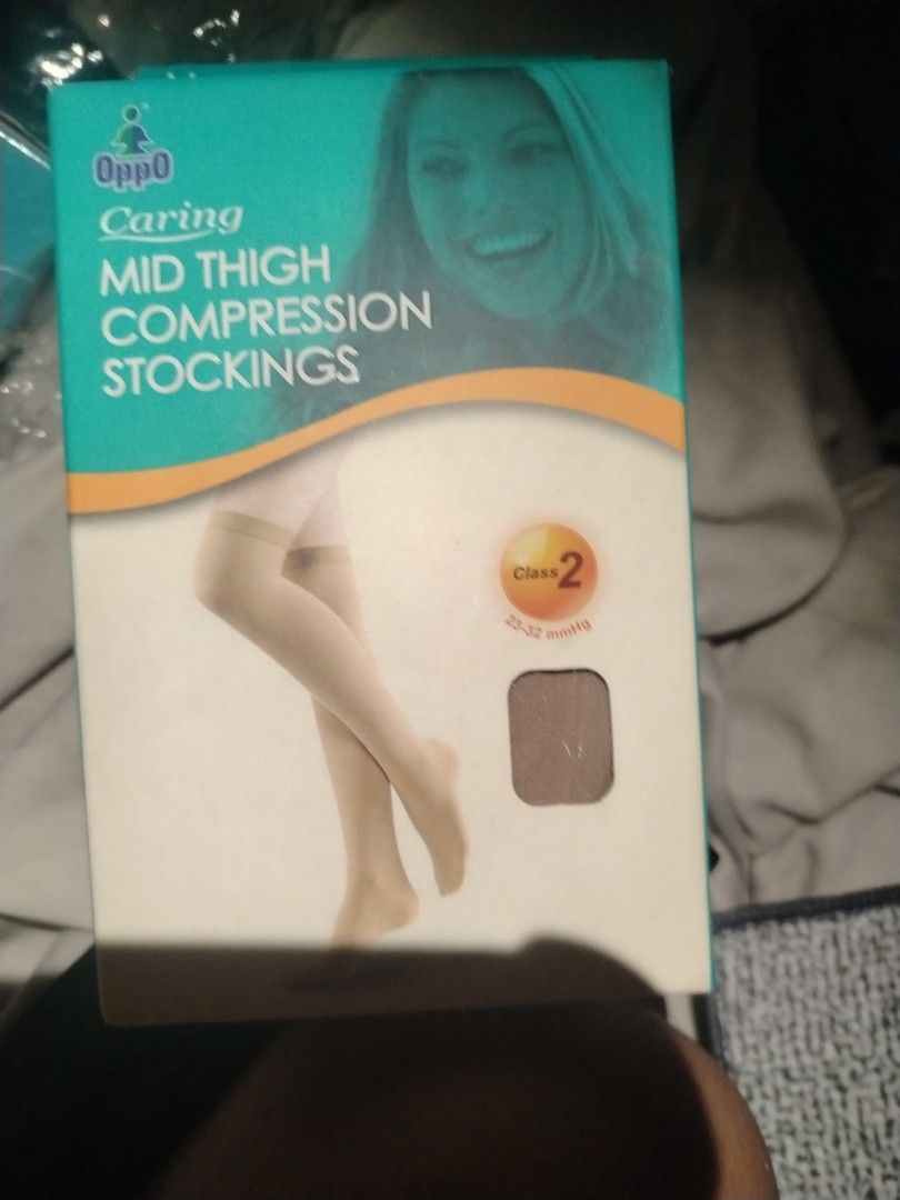 Oppo Caring Mid Thigh Compression Stockings (Category: Medical Supplies & Tools) located in Manila. Submitted by purediamond888 (Listing ID 1430913771, Image 1). Description: Oppo Caring Mid Thigh Compression Stockings. Class 2 (23-32 mmHg). Size 2852-BG-V. Intended for mild to severe varicose veins. Composition: 75% Nylon, 25% Elastane. Expiry date: 2024-10-28. Lycra brand..