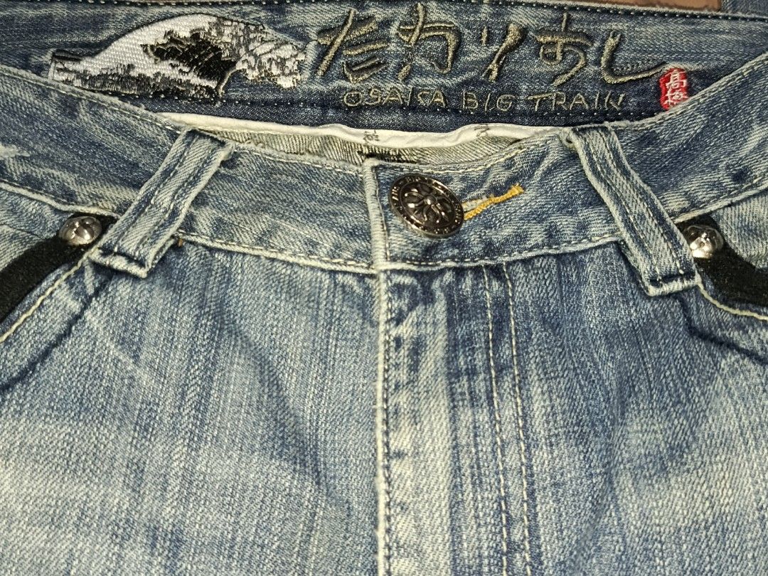 Vintage Osaka Big Train Jeans (Distressed) (Category: Jeans) located in Iloilo. Submitted by old_times (Listing ID 1427303000, Image 3). Description: 2000s Osaka Big Train Jeans (Distressed) Measurements (inches): Waist: 35 Width: 20 Leg Width: 10 Length: 43.4 Hem: 8 Condition: Distressed Holes Patches Heel Drags Details: Embroidery (Back Pockets) Zipper (Back Pockets) Embroidered Tag (Waist) ₱400 (+ Shipping fee) loc: iloilo courier: J&T Shippin