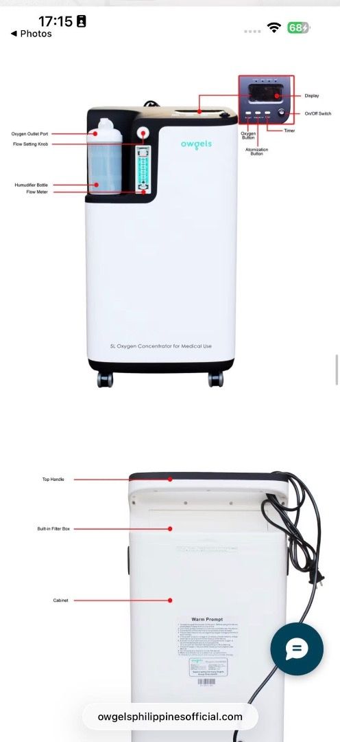 Owgels 5L Oxygen Concentrator (Category: Medical Supplies & Tools) located in Pasig City. Submitted by angelaboo__ (Listing ID 1430865214, Image 3). Description: For Sale: Owgels Heavy Duty Oxygen Concentrator 5L PRICE NEGOTIABLE!! Condition: Used for short time only-Like New, no box. Can deliver for free within Greenwoods/Pasig Area Quiet and easy to operate. Complete Parts & Inclusions. • Power : 308W • Average sound pressure level:42dB (A) • O