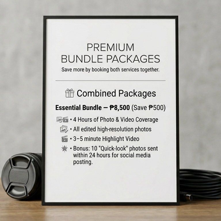 Photography and Videography Packages (Category: Cameras) located in Manila. Submitted by ruthcamille (Listing ID 1430917547, Image 2). Description: 📸 Professional Photo & Video Coverage for Your Next Event! Capturing your special moments shouldn’t break the bank. Whether it’s a birthday, corporate event, or a small gathering, we provide high-quality coverage at rates that fit your budget. ✨ OUR SERVICES: • Photography Coverage (4 hrs) — ₱3,500 (