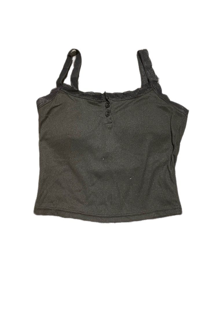 Ribbed Tank Top with Lace Trim (Category: Sleeveless) located in San Mateo. Submitted by katka_cat (Listing ID 1430937112, Image 1). Description: Tank top features a ribbed design with delicate lace trim along the neckline and straps. It has a button-up front detail. Available in black and olive green. The tank top is a cropped style, perfect for pairing with high-waisted bottoms. It is a versatile piece suitable for various casual outfits..